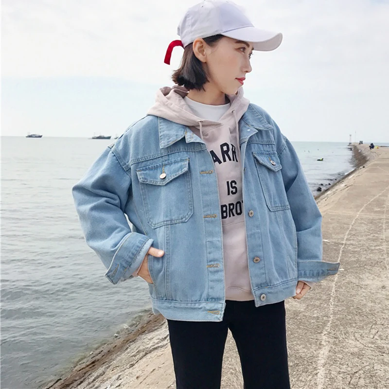 الجينز سترة النساء المتضخم دنيم بأكمام طويلة السترات عارضة واحدة الصدر جيوب معطف الإناث الأزرق سترة