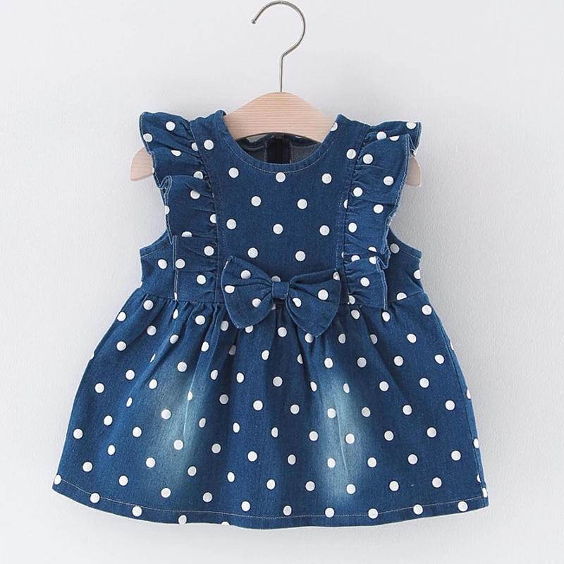 

New 2018 Summer Baby Girls Dress Infant Denim Clothes Big Bow-knot Fly Sleeve Fashion Cute Dots Princess Dress Girls Clothing