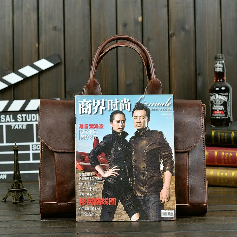  Retro Men's Briefcase Crazy Horse Leather Laptop Handbag Designer Shoulder Bags Business Messenger 