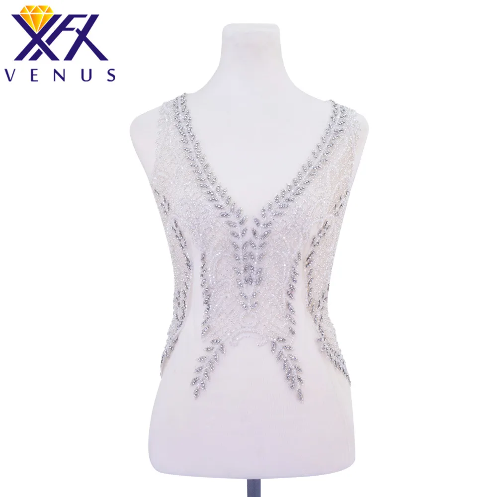 

XFX Rhinestones Crystal Beads Design Patches Embroidered Bridal Applique Dress Trim for Wedding Dress Costume Sew on