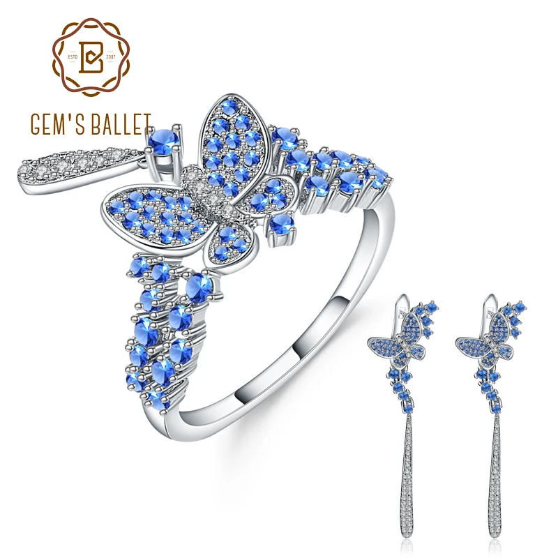 GEM'S BALLET Nano London Blue серьги кольцо набор ювелирных изделий 925 пробы серебро в стиле готика, панк, Винтаж набор украшений для женщин