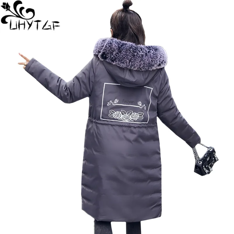 

UHYTGF Women Winter Jacket Double-sided wear Down Jacket parka Womans Outerwear Big fur collar Hooded Warm Cotton Long Jacket 19