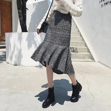 Женские шерстяные юбки с высокой талией, новинка года, осенне-зимняя Модная элегантная винтажная клетчатая юбка для подиума, повседневная юбка русалки