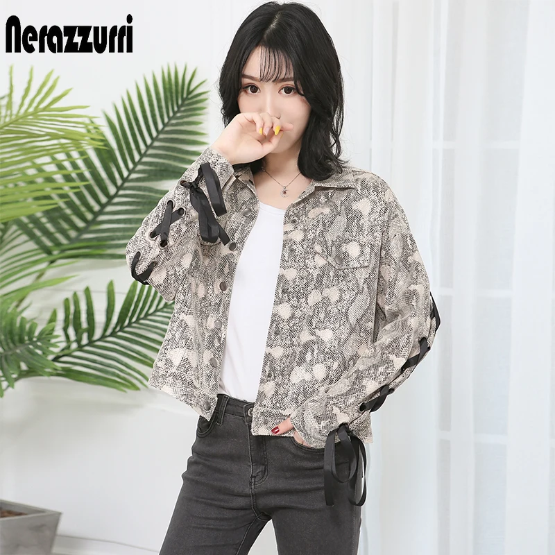

Nerazzurri Snake print suede leather jacket women plus size short lace up sankeskin coats and jackets spring autumn streetwear