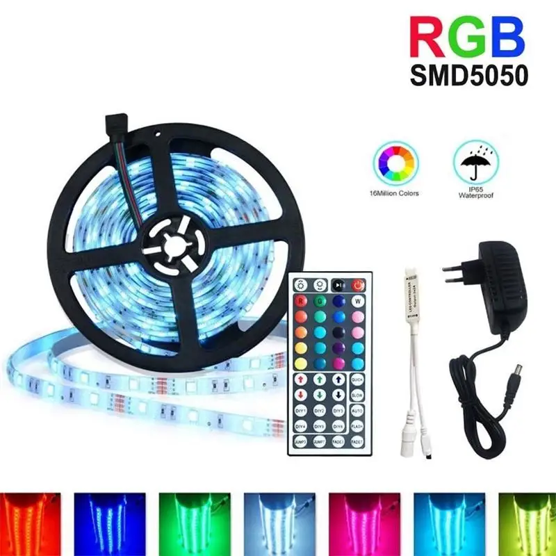 Цветная(RGB светодиодный 5050 полосы светильник SMD 5050 1 м 2 м 5 м 10 м 3528 Водонепроницаемый светодиодный RGB полосы светильник, украшенное мозаикой из драгоценных камней, 12V адаптер переменного тока 44-клавишный пульт дистанционного управления - Emitting Color: RGB 5050