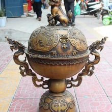 3" Клеймо Чистая Бронзовый Дракон Kylin Чи-лин Bat Foo Фу Собака Лев Курильница