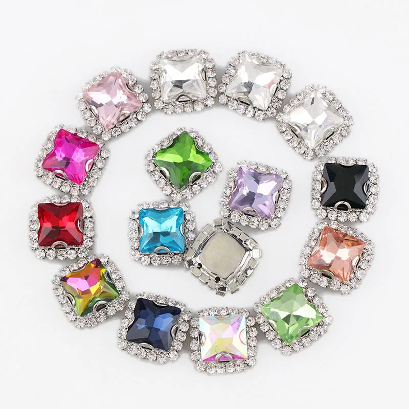 

10mm Square White K Base Sew On With Colorful Glass Stone Claw Crystal Buckle Cabochon Base DIY Jewelry Clothes Charm