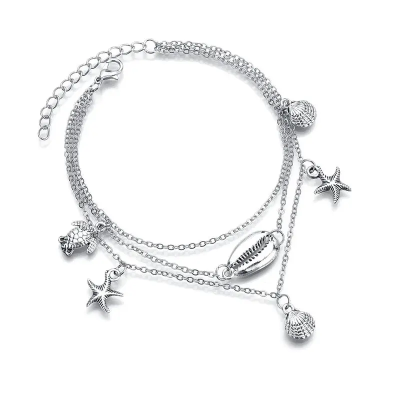 

Antique Silver Color Starfish Tortoise Shell Anklet Women Beads Geometric Bracelet Bohemian Ankle Bracelet Boho Foot Jewelry