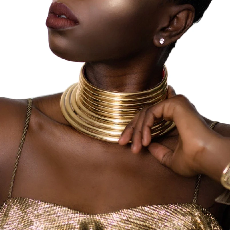 MANILAI, винтажное Массивное колье, ожерелье для женщин, золотого цвета, кожаный воротник, Макси ожерелье, африканские ювелирные изделия, регулируемые чокеры, большие
