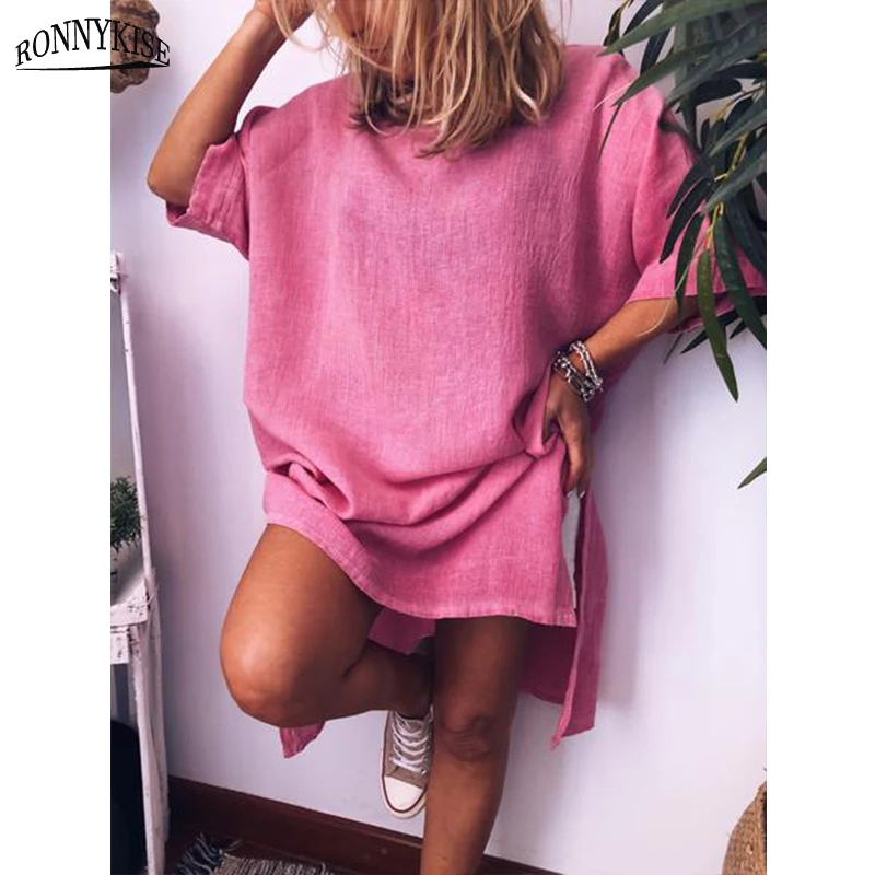 

RONNYKISE Short Sleeve Dresses Women Fashion Solid Cotton Anl Linen O-neck Side Open Mini Dress Summer Autumn Casual Home Dress