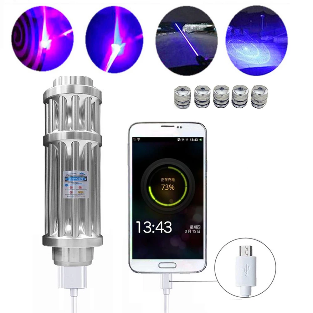 De alta potencia de carga USB azul puntero láser linterna 450nm 10000 m enfocable láser linterna quemar encuentro vela cigarrillo - 1