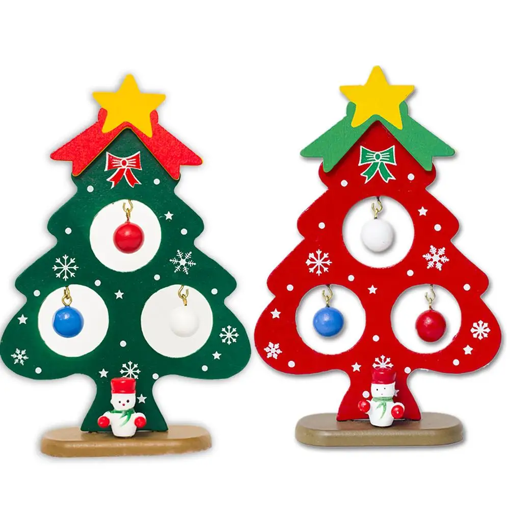 

Mini Christmas Tree Small Ornament Painted Christmas Tree Snowman Green Wooden Card New Year Xmas Party Decorations for Home