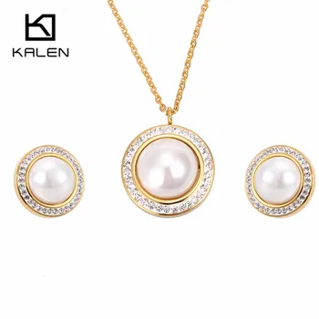 

Kalen Women Pearl Jewelry Sets Rhinestone Stainless Steel Gold Pearl Pendant Necklace & Pearl Earrings Sets Jewelry For Women