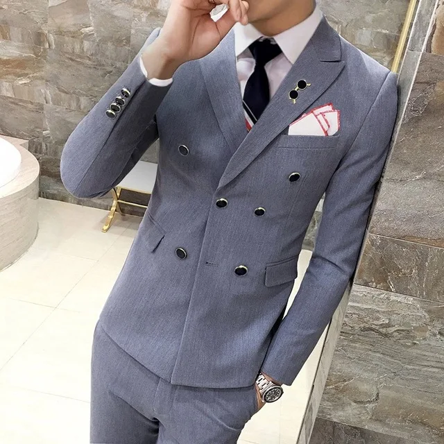 Gwenhwyfar Mens Suits Large Size Grey Modern Latest Coat Design Double Breasted Tuxedo Weddin