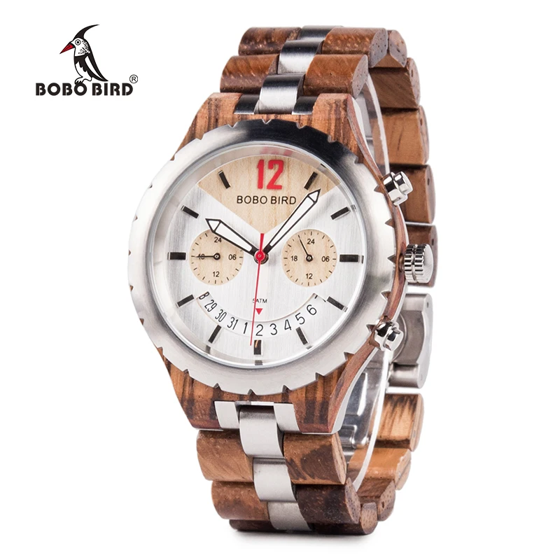 BOBO BIRD Watch Men Luxury Metal Wood Watches Stainless Steel With Date Display Multiple Color Timepiece relogio masculino
