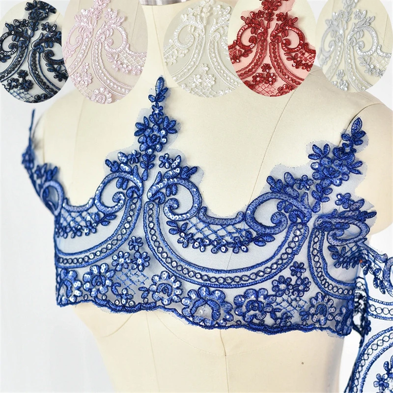

3Yards 22cm Sequins 10Colors Black Pink Gray Navy Fabric Flower Venise Venice Lace Trim Applique Sewing Craft for Wedding DIY