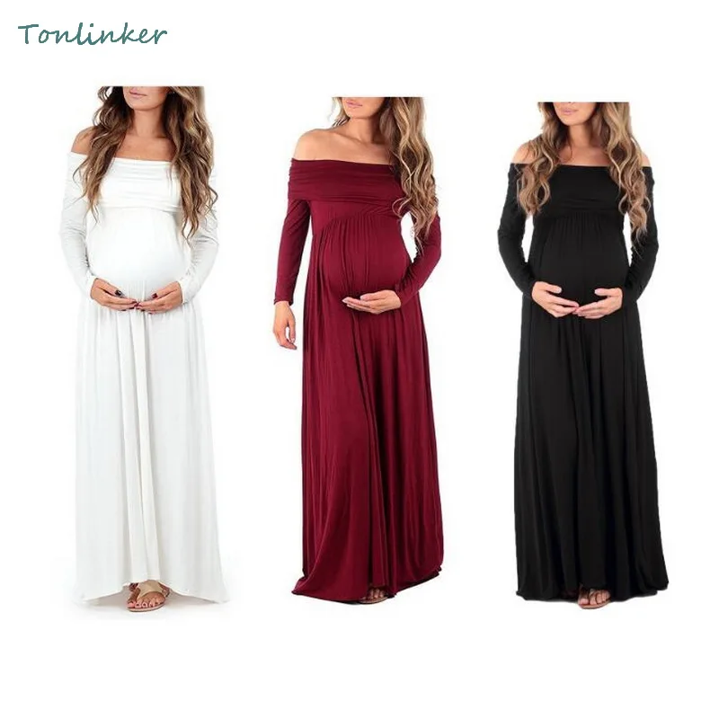 

Maternity Long Dresses New Pure Color Maternity Photography Props Off Shoulders Long Slevee Pregnant Trailing Long Dress