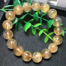 Натуральный кристалл браслет золото волос бразильский Титан Бусины AAA 13.5 мм