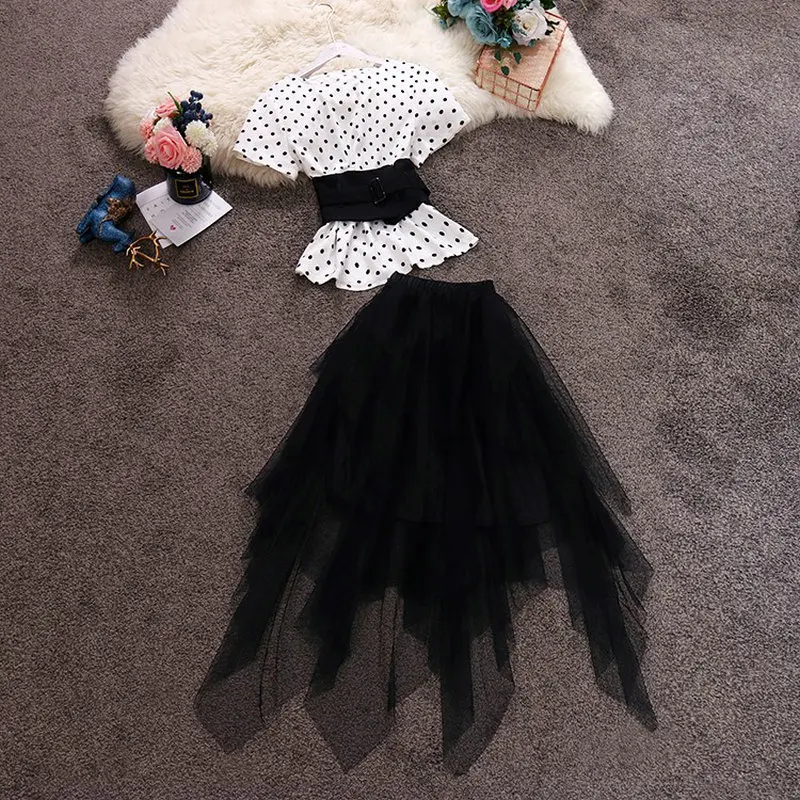 

HISUMA summer New women dot O-neck short sleeve chiffon shirt + High Waist irregular mesh skirt suits female two piece sets