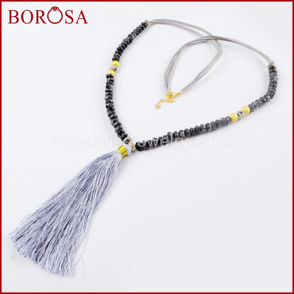 BOROSA 10 шт. 31 дюйм кожи larvikite & Далматин Ясперс бисером серые сапоги с бахромой