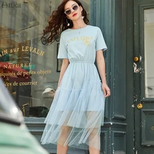 ARTKA летнее Новое Женское платье с круглым вырезом и буквенным принтом, платье-футболка с сеткой, синее элегантное платье с коротким рукавом LA13592X