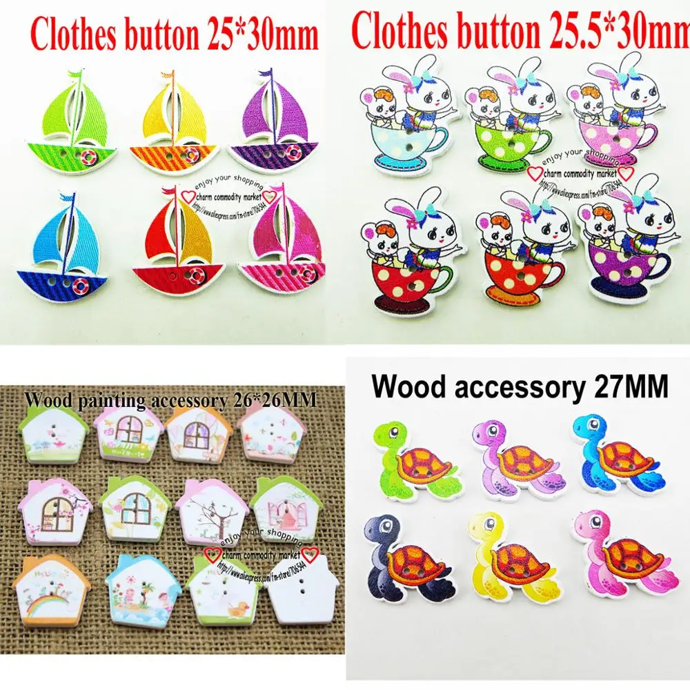 

25pcs lovers sailing boat buttons 2 Holes patterns cartoons Wood Sewing rabbit Button Scrapbook charms WCF-666