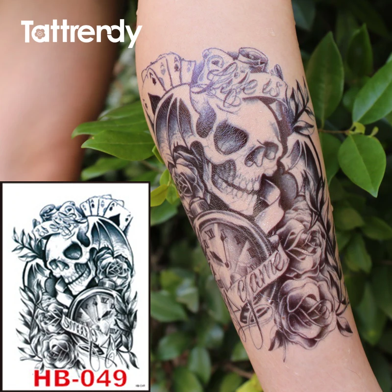 Schwarz tinte temporäre tattoos Tod Schädel Rose Clock Wasserdichte