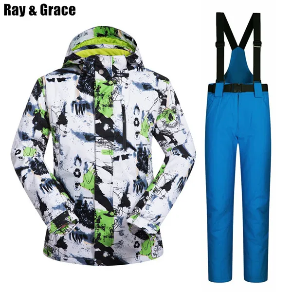 Green-Blue RAY GRACE Мужская лыжная куртка зимняя одежда мужской сноуборд куртка брюки костюм водонепроницаемый тепловой дышащий Профессиональный зимний комплект - Цвет: Green-Blue