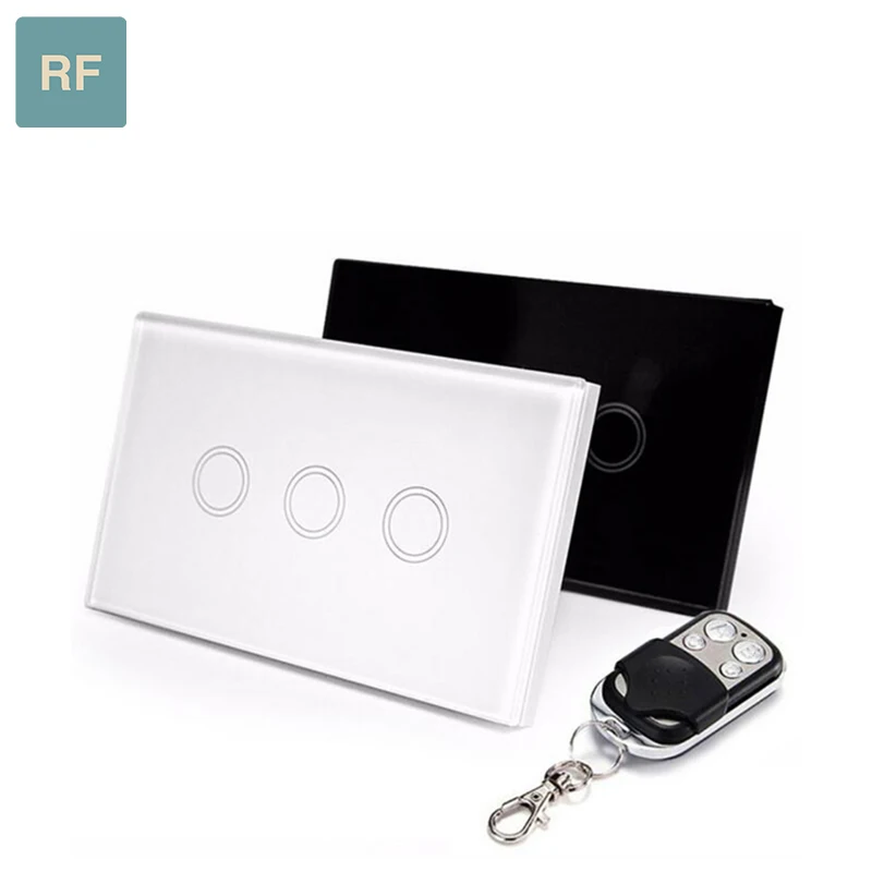 US standard type 120 118 RF 433 switch smart home wireless remote control wall touch 3 gang way with glass panel | Электроника