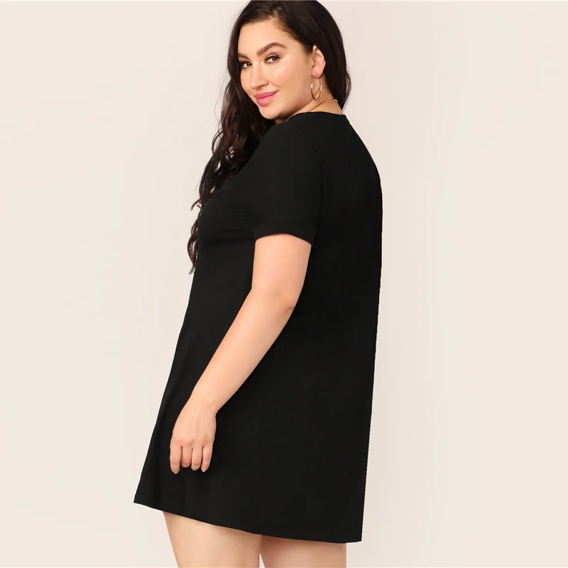 Шеин размера плюс черное свободное платье с коротким рукавом женское весеннее летнее однотонное Повседневное платье с круглым вырезом