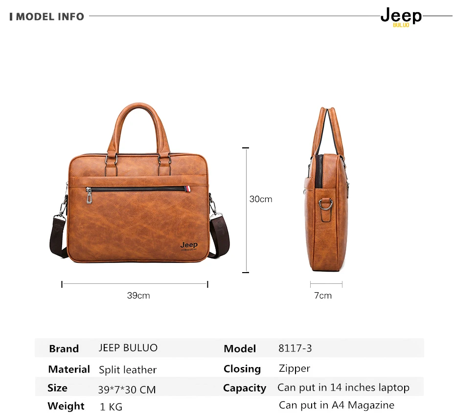 JEEP BULUO, известный бренд, мужской портфель, сумка, офисная, деловая, кожаная, через плечо, сумка для путешествий, 14', для ноутбука, iPad, A4, файлы, сумки