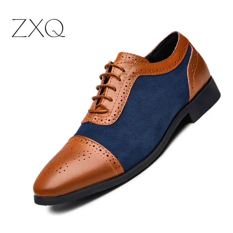 

British Style Men Genuine Leather Brogues Shoes Pointed Toe Patch Work Vintage Carved Wing Oxford Shoes For Men Banquet Shoes
