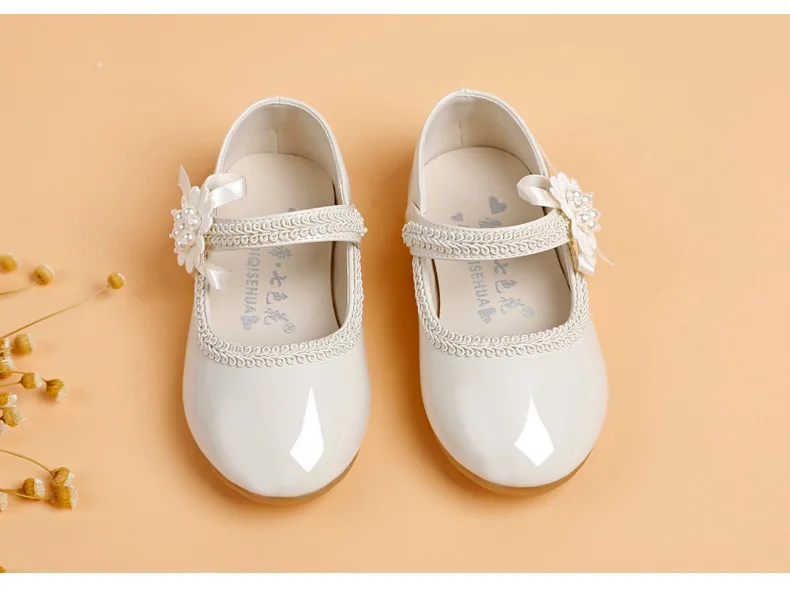 1 2 3 4 5 6 7 Years New Flower Children Little Girls White Pearl Leather Shoes For Girls Kids Party Wedding Princess Dress Shoes