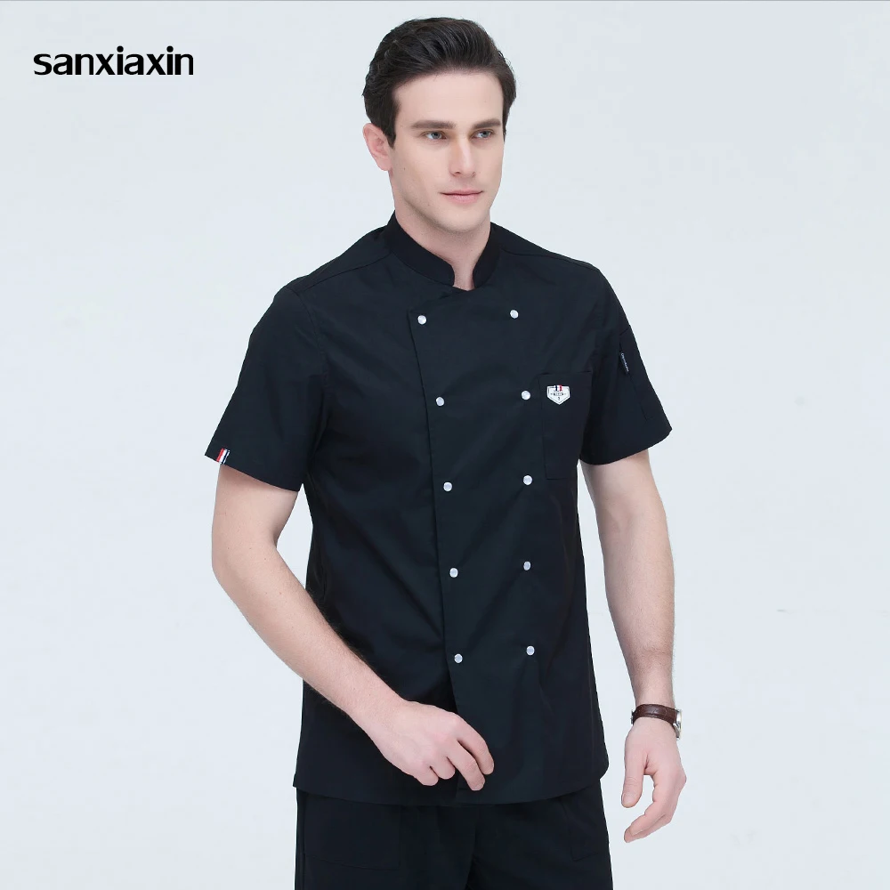 

sanxiaxin Kitchen Chef Uniform Food Service Wholesale 4 colors Short Sleeve Double Breasted Bakery Cook Wear Chef Jacket & Apron