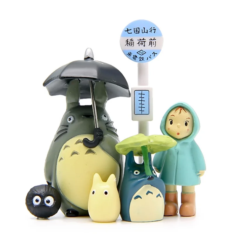 

6pcs/set Resin Hayao Miyazaki Totoro Bus Station Scene Micro Landscape Decoration Ornaments Desktop Garden Flower Pot Decor Gift