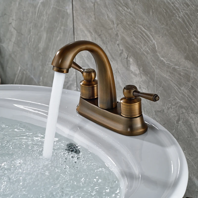 Antique Brass Bathroom Mixer Taps Dual Handles Deck Mount Basin Sink Faucet 2 Install Holes