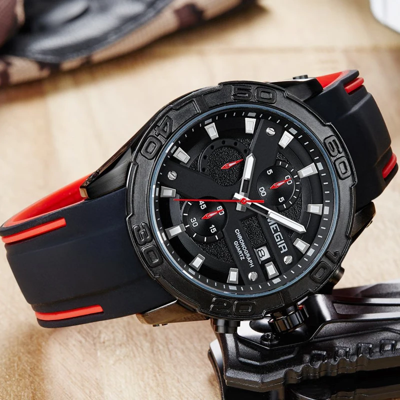 MEGIR Men Watches Analog Quartz Wristwatch Waterproof Sport Chronograph Silicone Military Watch Men