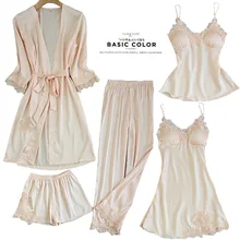 Женский комплект из 5 предметов: топ на бретелях, штаны, пижама комплекты одежды для сна, весна-осень, домашняя ночная рубашка, кимоно, халат m-xl