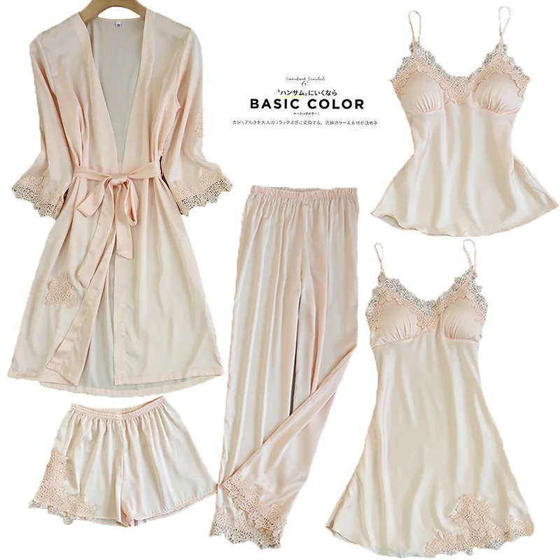 

Womens 5PC Strap Top Pants Suit Pajamas Sleepwear Sets Spring Autumn Home Wear Nightwear Kimono Robe Bath Gown M-XL