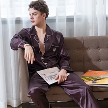 Мужские пижамы из искусственного шелка, осень, новая шелковистая Шелковая пижама с длинным рукавом, темно-кофейный пижамный комплект X9003