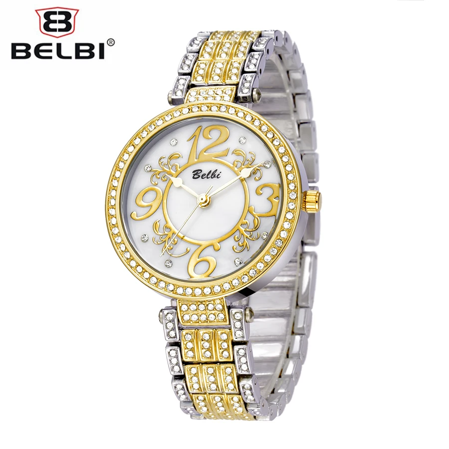 

BELBI New Luxury Fashion Watch Women Stainless Steel Band Flower Pattern Casual Quartz Wristwatch Mature style Dress Watch