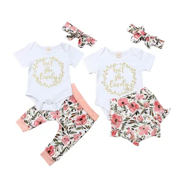 

Toddler Baby Girls Clothes Sets Letter Floral Print Tops Romper Jumpsuit Pants Headband Outfits
