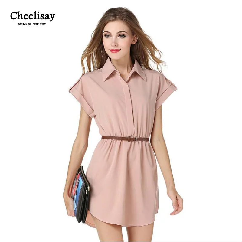 

Shirt Dress 2019 Women Summer Dress Short Sleeve Turn-Down Collar Casual T Shirt Dress Solid Color Casual Mini Office Dress