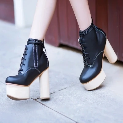 

Roman Style Women High Platform Wooden High Heels Ankle Boots Plush Winter Hoof Heel Martin Boots Girl's Popluar Lace up Boots