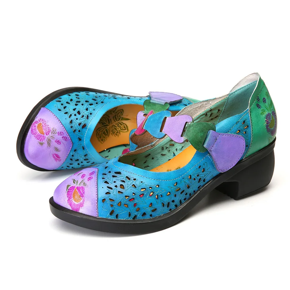 Retro Handmade Pumps Women Shoes 2019 Summer Genuine Leather Lady Shoes Mixed Colors Mid Heel Mary Jane Shoes Woman Plus Size 42 (7)