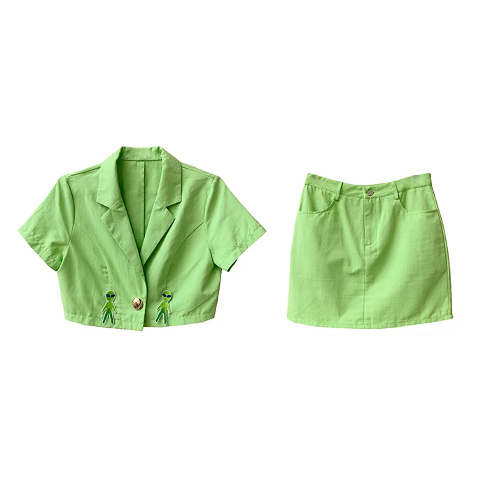Харадзюку уличная одежда ET Alien avocado зеленый укороченный топ+ юбка комплект с металлической пуговицей короткий рукав обрезанная футболка костюм