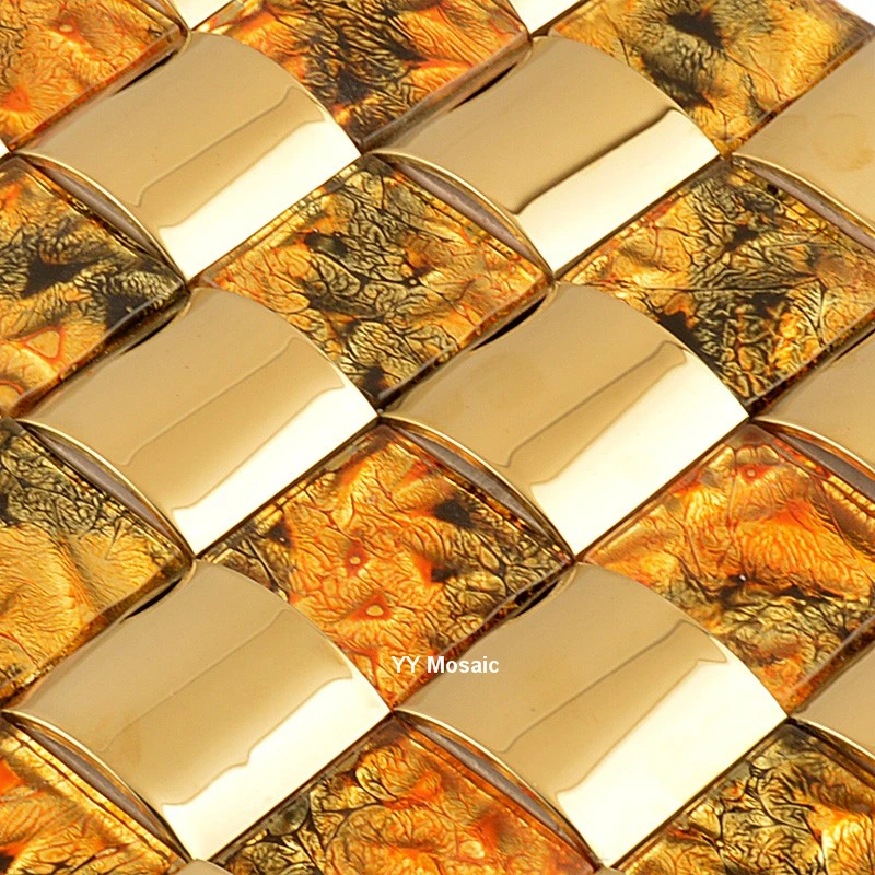 

Golden arched metal foil glass mosaic tile deluxe decoration of villas fireplace cabinet for store signboard decorative wall