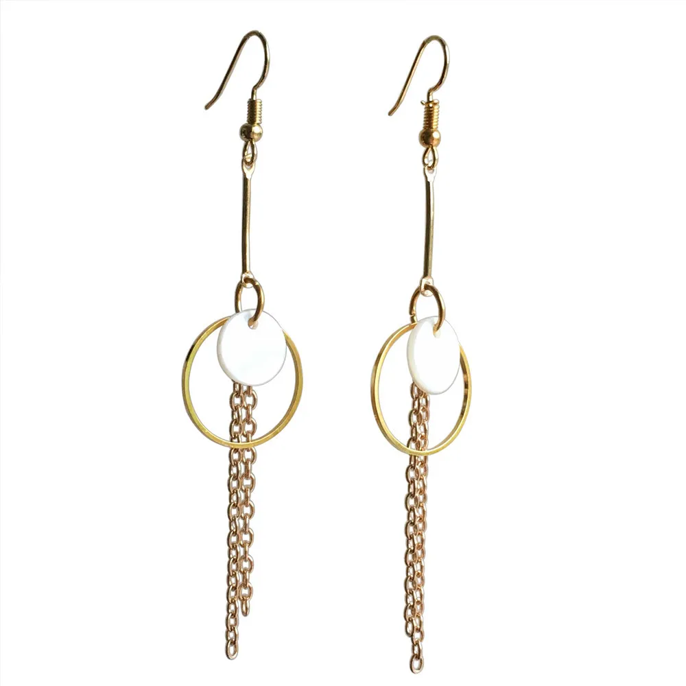 Pure Handmade Women's Fashion Concise Geometric Circle Earrings Eardrop White Shell Gold Color Tassel Dangle Earring Girl Gift |