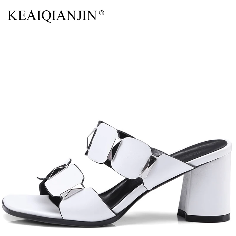 

KEAIQIANJIN Women White Summer Shoes Metal Decoration Heels Party Beach Sandal Plus Size 34 - 42 High Heels Sexy Lady Slipper