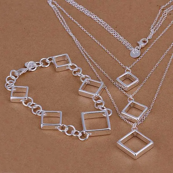 

WHOLESALE fancy chic Hot Square Set Fashion 925 stamped silver plated Jewelry set Necklaces bracelet 18inch 8inch square jewelry